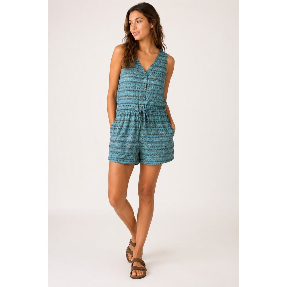 Toad&Co Liv Romper XL Blue Green Print Sleeveless Tie Waist Pockets